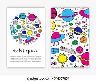 Card templates with hand drawn colorful space icons. Used clipping mask.