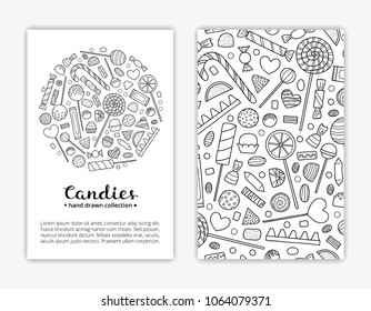 Card templates with hand drawn outline candies, chocolate sweets and lettering. Used clipping mask.