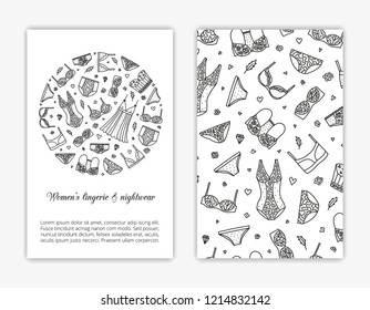 Card templates with hand drawn outline women lingerie and nightwear. Used clipping mask.