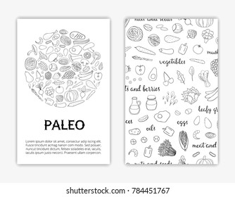 Card templates with hand drawn outline paleo diet foods. Used clipping mask.