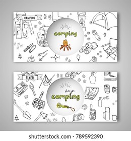Card templates of hand drawn set with camping equipment symbols, icons, hiking, mountain climbing and camp doodle elements, vector illustration, warm clothes, shoes, gear, map, tent, fire place