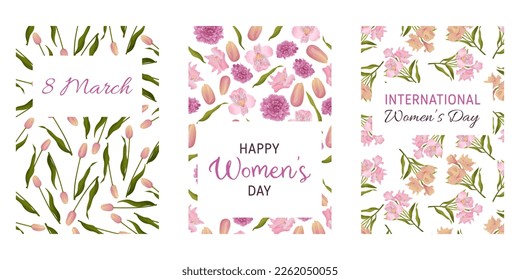 Card templates for International Women's Day. Cards with seamless floral patterns