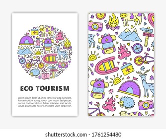 Card templates with lettering and doodle colored eco tourism icons including deer, camera, bicycle, sun, backpack, first aid kit, mountains, tent, cow, hedgehog, compass, boat. Used clipping mask.