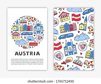 Card templates with lettering and doodle colored Austria icons including Vienna Cathedral, train, chalet house, church, Alpine mountains, cow, schnitzel, strudel, etc isolated on grey background.