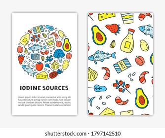 Card templates with lettering and doodle colored iodine food sources including cod, tuna fish, salt, yogurt, milk, eggs, prunes, seaweed, shrimps, etc isolated on grey background. Used clipping mask.