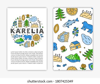 Card templates with lettering and doodle colored Karelia icons including lake, waterfall, rocks, bell tower of Kizhi, pine, pie, boat, cranberry, cloudberry, trout fish, bear. Used clipping mask.