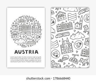 Card templates with lettering and doodle outline Austria icons including Vienna Cathedral, train, chalet house, church, Alpine mountains, cow, schnitzel, strudel, etc isolated on grey background.