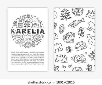 Card templates with lettering and doodle outline Karelia icons including lake, waterfall, rocks, bell tower of Kizhi, pine, pie, boat, cranberry, cloudberry, trout fish, bear. Used clipping mask.