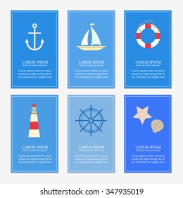 Card templates with marine items including sailboat, anchor, lighthouse, starfish, lifebuoy, steering ship wheel. Place for your text.