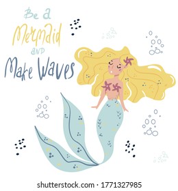 Card templates with mermaids. Typography poster, card, label, banner design set. Vector illustration