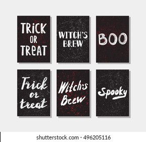 Card templates with modern brush calligraphy and hand drawn lettering. Halloween postcards, covers, tags, icons set and more.