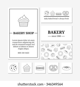 Card templates with outline bakery icons. Can be used for flayers, cards, posters, menu.