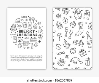 Card templates with outline doodle Christmas and New Year icons including snowman, fir tree, presents, socks, champagne, snowflakes, candy cane, panettone, candles, garland, etc.