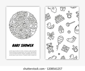 Card templates with outline doodles for baby shower. Used clipping mask.
