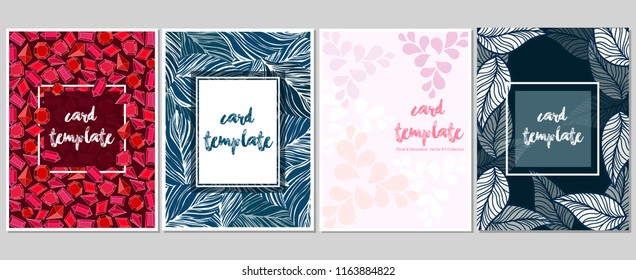Card templates set design red blue and pink color floral decorative vector art collection illustration design
