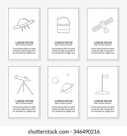 Card templates with space and astronomy items including ufo, observatory, satellite, telescope, planets, flag. Place for your text.
