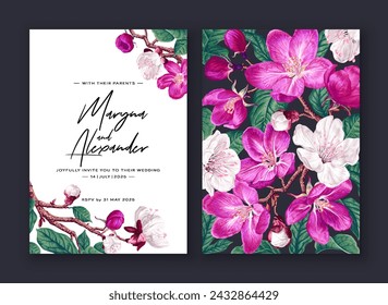 Card templates with spring botanical design. Pink and white flowers with green leaves in design for your products, place for text among realistic flowers of fruit trees. 