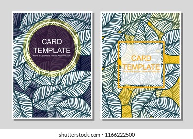 Card templates tropical leaves blue and yellow color pattern design floral decorative vector art collection design set