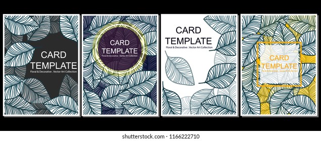 Card templates tropical leaves blue yellow and white color pattern design floral decorative vector art collection design set