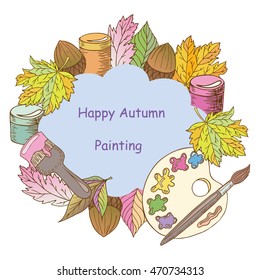 Card template.Vector frame, label with hand drawn autumn leaves, pains and brushes