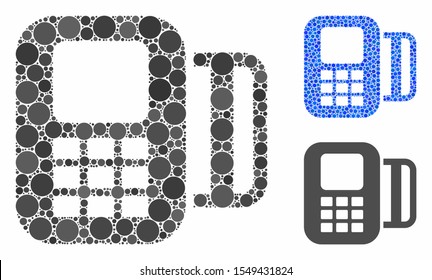 Card terminal composition of filled circles in variable sizes and color hues, based on card terminal icon. Vector filled circles are united into blue composition.