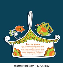 Card for text with bird and flower on blue background. Vector. Bird. Flower. Birdhouse. Garden. Nature. Text