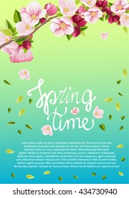Tarjeta de texto con una rama de manzano floreciente. Tarjeta romántica. Tarjeta de primavera. Ilustración del vector