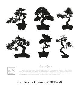 Card with text: "Bonsai". Black silhouette of bonsai on a white background. Detailed image. Vector illustration