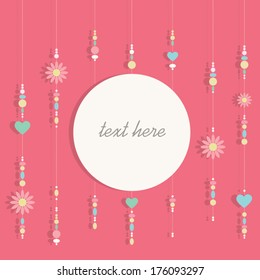 Card, Text frame sweet pink flower and heart, background pattern