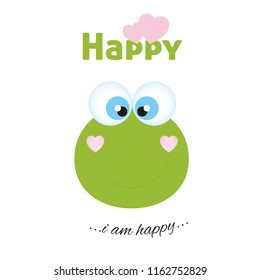 The card with the text "Happiness". Happy frog on a white background.