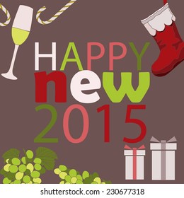 Card with the text , happy new 2015, above a background with typical objects such a grapes, glass of champagne, christmas sock, candy cane and presents