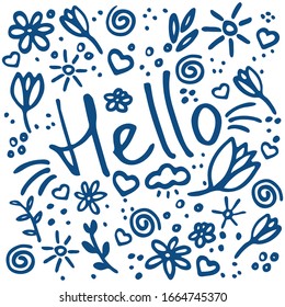 Card with text Hello and doodle elements flowers, sun, hearts. Hand drawn graphic. Classic blue colour