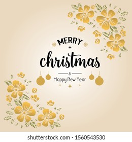 Card text merry christmas and happy new year, with ornate motif of wreath frame. Vector