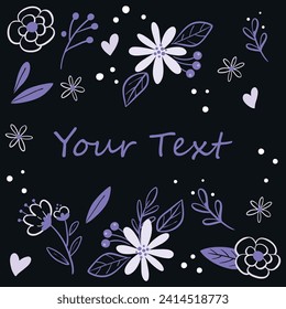 Tarjeta con texto sobre fondo floral. Tarjeta dibujada a mano. Hola primavera.  Vector de fondo negro