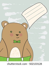 Card with text place and bear in suspenders and bow tie. Vector illustration