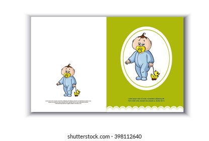 Card for text with toddler, gift card, greeting card with little boy, vector illustration, happy birthday card baby boy