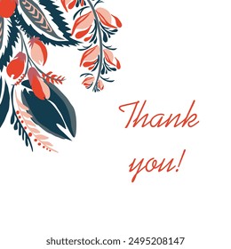 Card Thank you. Beautiful stylized floral ornament. Floral rhythmic pattern. Vintage botanical composition of fantastic plant element