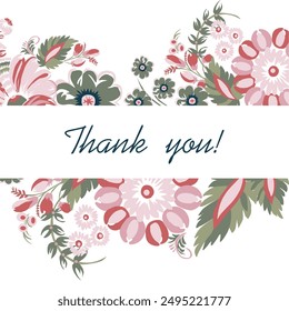 Card Thank you. Beautiful stylized floral ornament. Floral rhythmic pattern. Vintage botanical composition of fantastic plant element