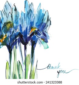 card thank you/ bouquet of blue irises with blue words on a white background/ watercolor sketch/ vector illustration