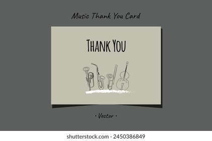 Card thank you musical instruments trumpet, saxophone, trombone, bass brush stroke minimal design.