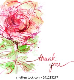 card thank you/ pink rose with pink words on white background/ watercolor sketch/ vector illustration