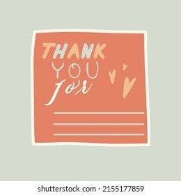 Card Thank You with place by you text. Hand draw calligraphy. Vector colourful lettering appreciation. Illustration stickers gratitude handwritten. 