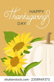 Card for Thanksgiving day with pumpkin and sunflowers. Vector illustration.