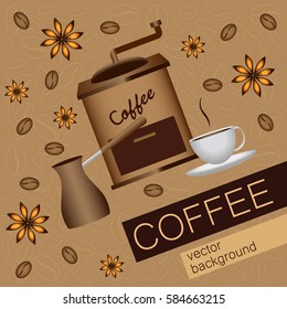 Card themes coffee, cup of coffee, coffee beans, Turk, anise,  mill