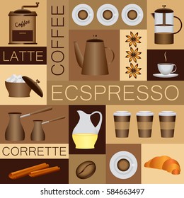 Card themes coffee, cup of coffee, coffee mill, Turk, anise, cinnamon, sugar, french press, coffee beans, milk