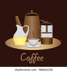 Card themes coffee, cup, tea, frenf press, milk