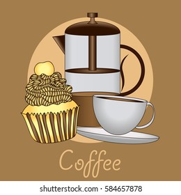 Card themes coffee, french press, cup of coffee, cupcakes