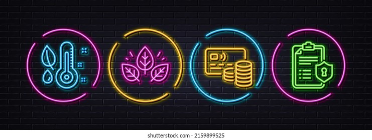 Card, Thermometer and Organic tested minimal line icons. Neon laser 3d lights. Privacy policy icons. For web, application, printing. Bank payment, Grow plant, Bio ingredients. Checklist. Vector