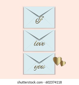 Card. Three blue paper realistic envelopes for letters and two golden hearts. Inscription I love you. Can be used in the newsletter, brochures, postcards, tickets, advertisements, banner. Origami
