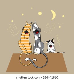 Card with three cats singing at March night on a roof.